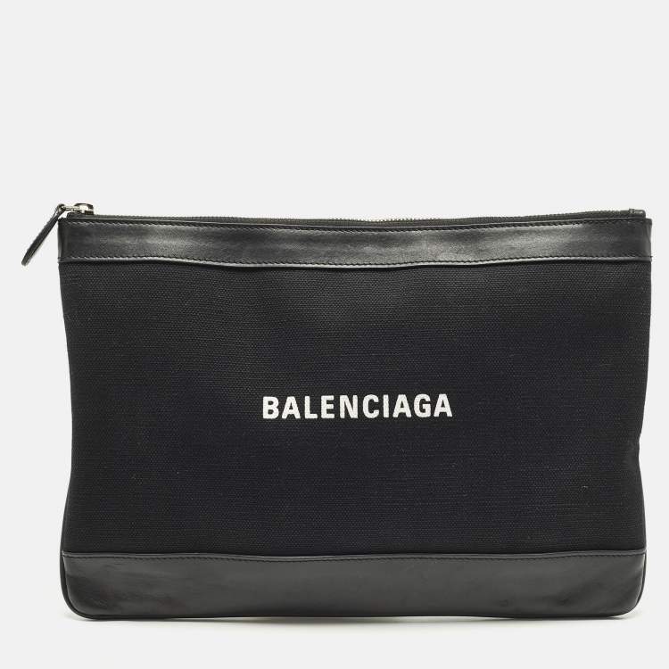 Pre Owned Balenciaga Navy Clip Black Canvas and Leather Zip Pouch 