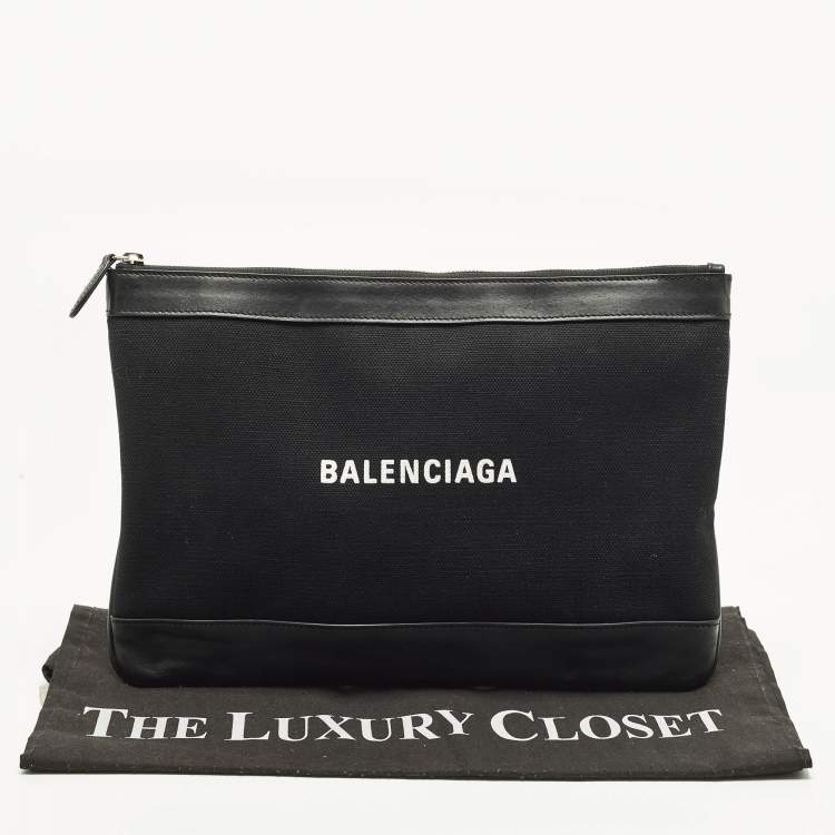 Pre Owned Balenciaga Navy Clip Black Canvas and Leather Zip Pouch 