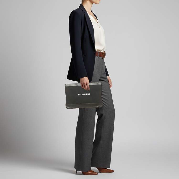 Pre Owned Balenciaga Navy Clip Black Canvas and Leather Zip Pouch 