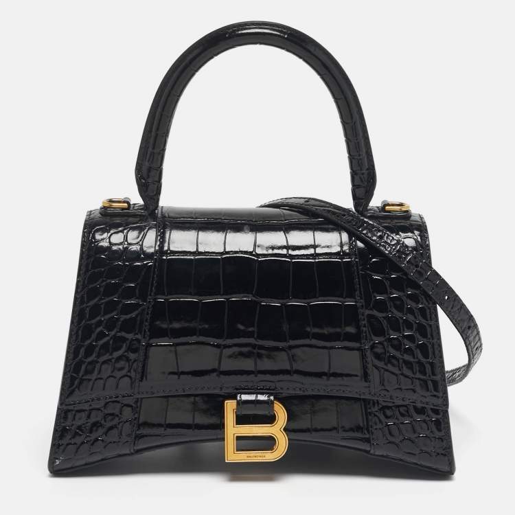 Pre Owned Balenciaga Hourglass Small Black Croc Embossed Leather Top Handle Bag