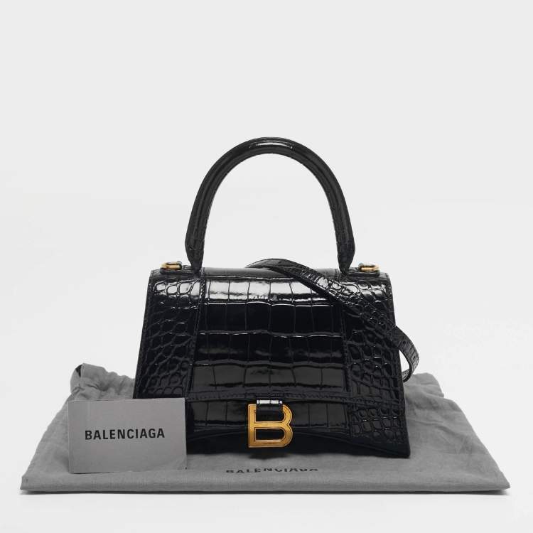 Pre Owned Balenciaga Hourglass Small Black Croc Embossed Leather Top Handle Bag