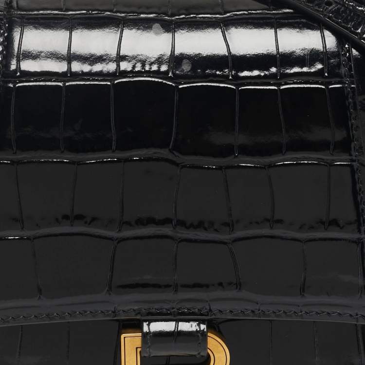 Pre Owned Balenciaga Hourglass Small Black Croc Embossed Leather Top Handle Bag