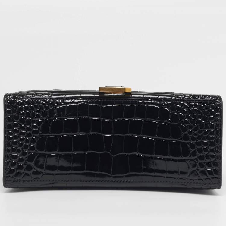 Pre Owned Balenciaga Hourglass Small Black Croc Embossed Leather Top Handle Bag