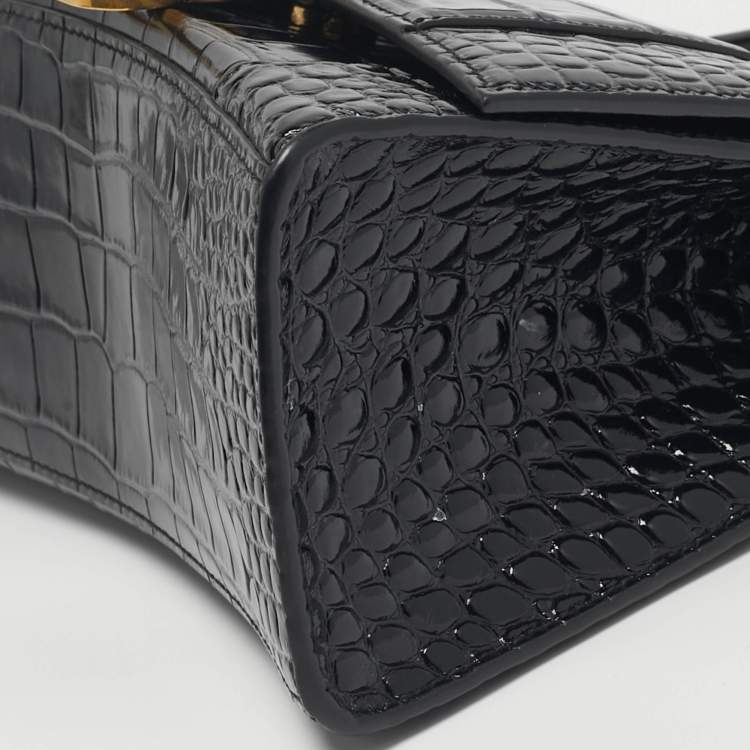 Pre Owned Balenciaga Hourglass Small Black Croc Embossed Leather Top Handle Bag