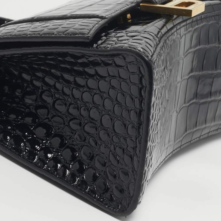 Pre Owned Balenciaga Hourglass Small Black Croc Embossed Leather Top Handle Bag