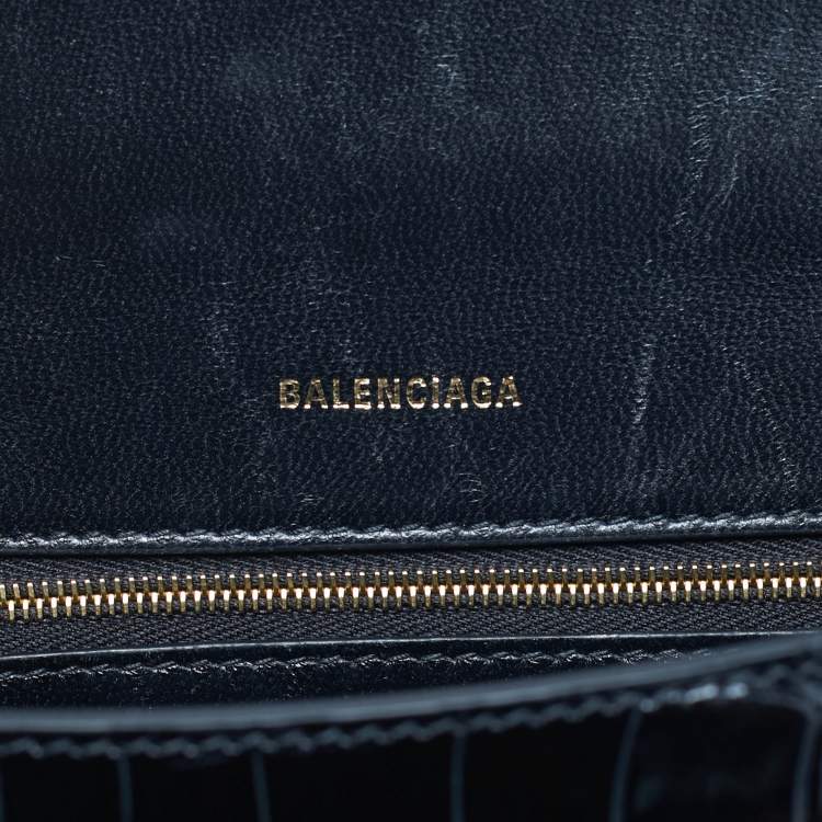 Pre Owned Balenciaga Hourglass Small Black Croc Embossed Leather Top Handle Bag