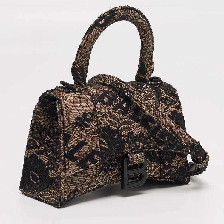 Pre Owned حقيبة بالنسياغا هورغلاس صغيرة جداً يَد علوية جلد ودانتيل أسود/عارٍ