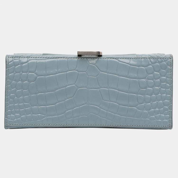 Pre Owned Balenciaga Blue Small Croc Embossed Hourglass Top Handle Bag