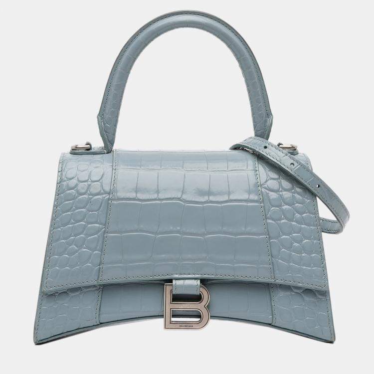 Pre Owned Balenciaga Blue Small Croc Embossed Hourglass Top Handle Bag