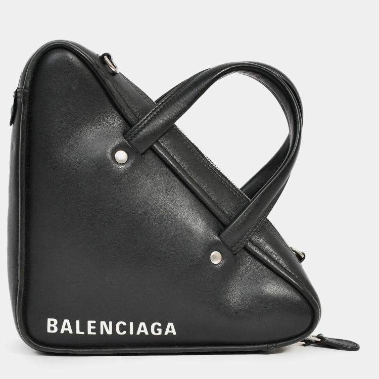 Pre Owned Balenciaga Black Leather Logo Triangle Top Handle Bag with Strap