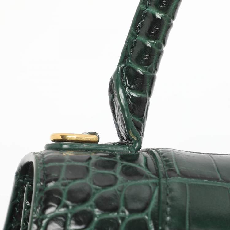 Pre Owned Balenciaga Hourglass Small Green Croc Embossed Leather Top Handle Bags