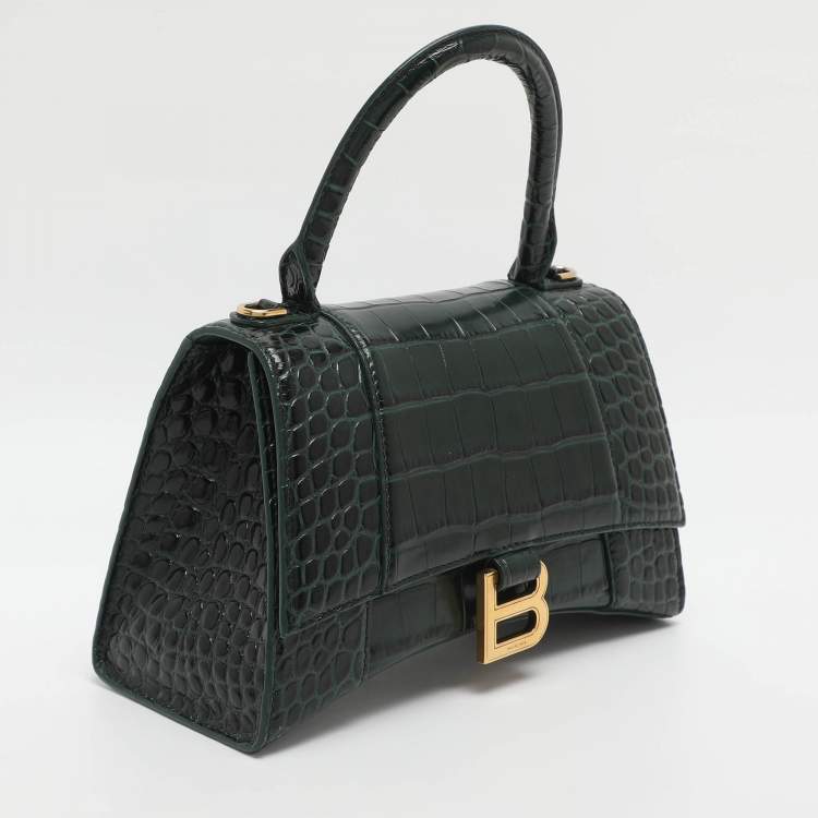 Pre Owned Balenciaga Hourglass Small Green Croc Embossed Leather Top Handle Bags