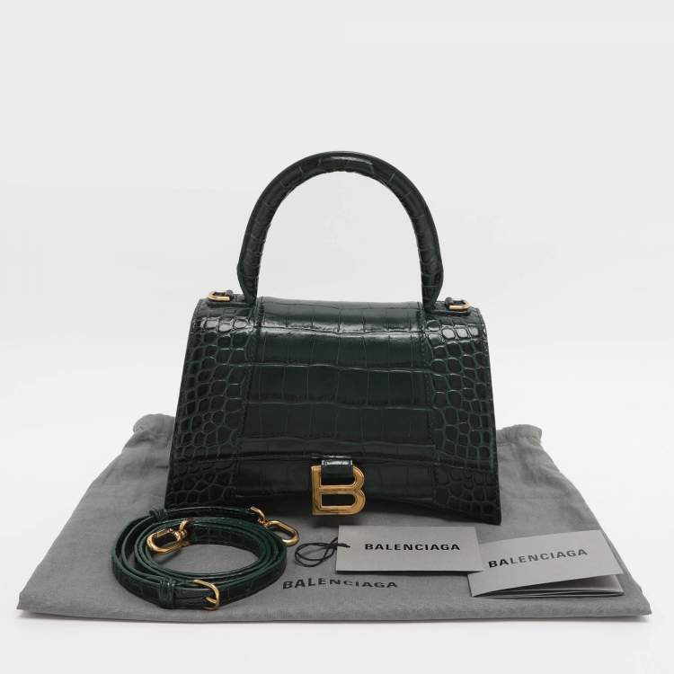 Pre Owned Balenciaga Hourglass Small Green Croc Embossed Leather Top Handle Bags