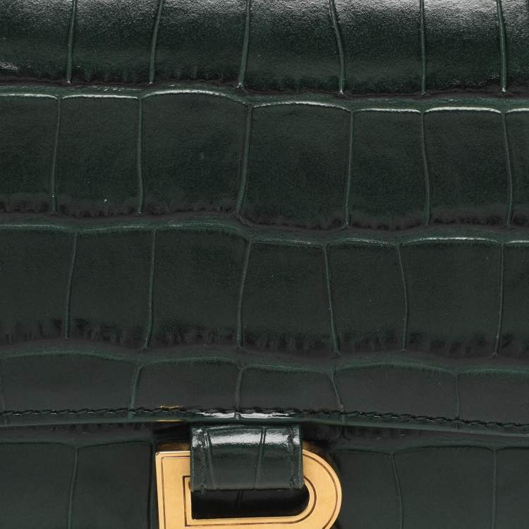 Pre Owned Balenciaga Hourglass Small Green Croc Embossed Leather Top Handle Bags