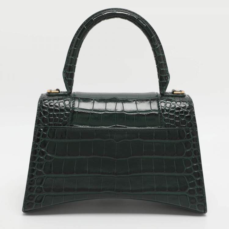 Pre Owned Balenciaga Hourglass Small Green Croc Embossed Leather Top Handle Bags