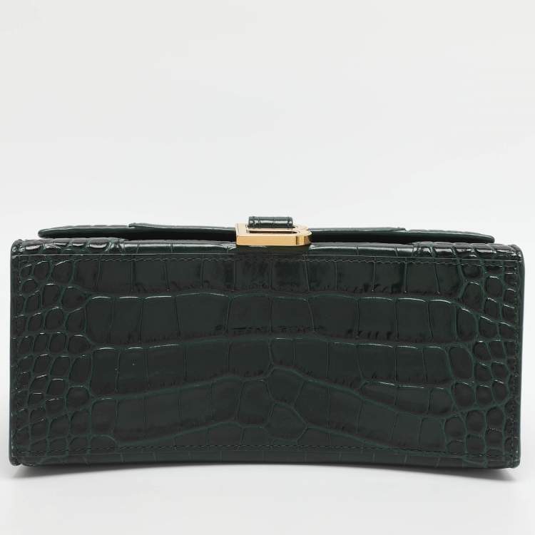 Pre Owned Balenciaga Hourglass Small Green Croc Embossed Leather Top Handle Bags