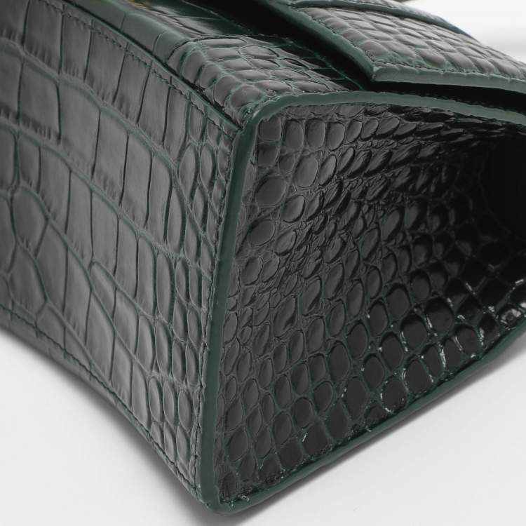 Pre Owned Balenciaga Hourglass Small Green Croc Embossed Leather Top Handle Bags