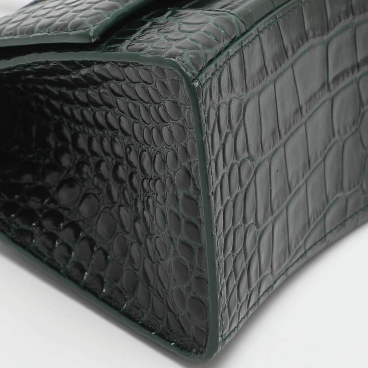 Pre Owned Balenciaga Hourglass Small Green Croc Embossed Leather Top Handle Bags