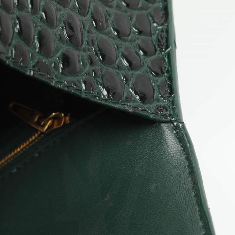Pre Owned Balenciaga Hourglass Small Green Croc Embossed Leather Top Handle Bags