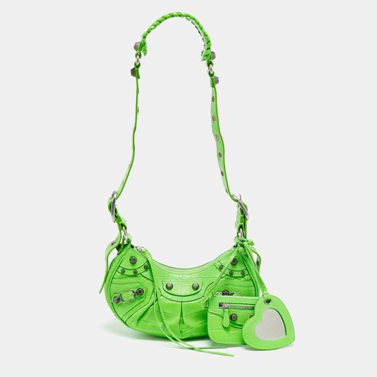 Pre Owned Balenciaga Le Cagole XS Green Croc Embossed Leather Shoulder Bag