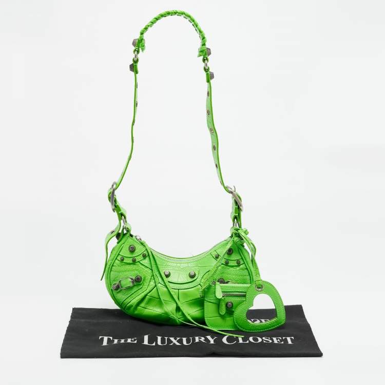 Pre Owned Balenciaga Le Cagole XS Green Croc Embossed Leather Shoulder Bag