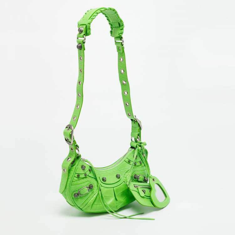 Pre Owned Balenciaga Le Cagole XS Green Croc Embossed Leather Shoulder Bag
