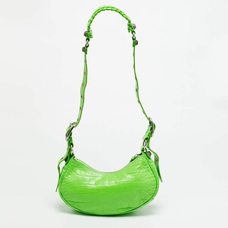 Pre Owned Balenciaga Le Cagole XS Green Croc Embossed Leather Shoulder Bag