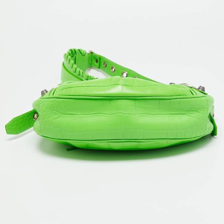 Pre Owned Balenciaga Le Cagole XS Green Croc Embossed Leather Shoulder Bag