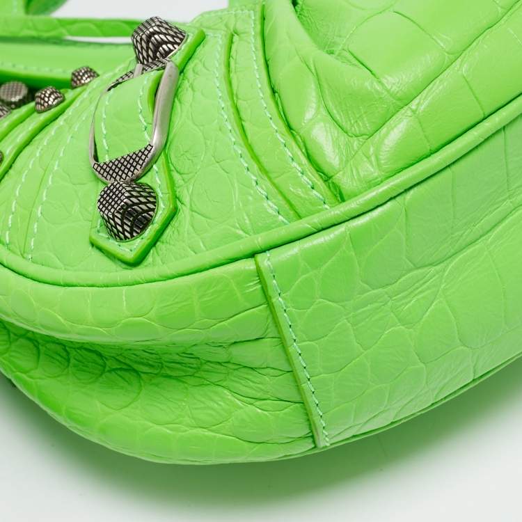 Pre Owned Balenciaga Le Cagole XS Green Croc Embossed Leather Shoulder Bag
