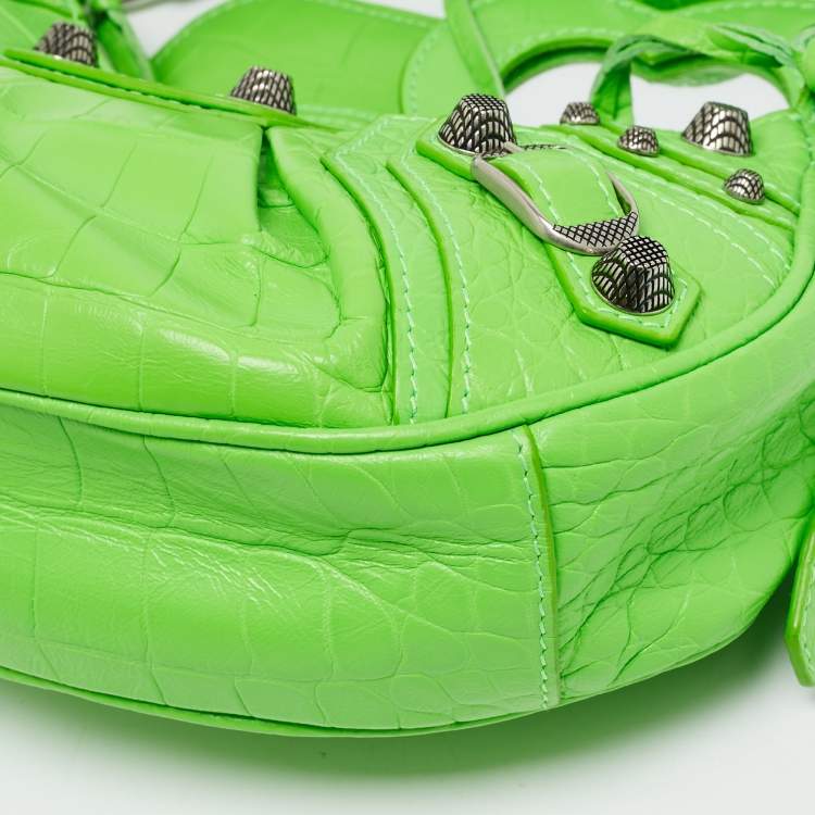 Pre Owned Balenciaga Le Cagole XS Green Croc Embossed Leather Shoulder Bag