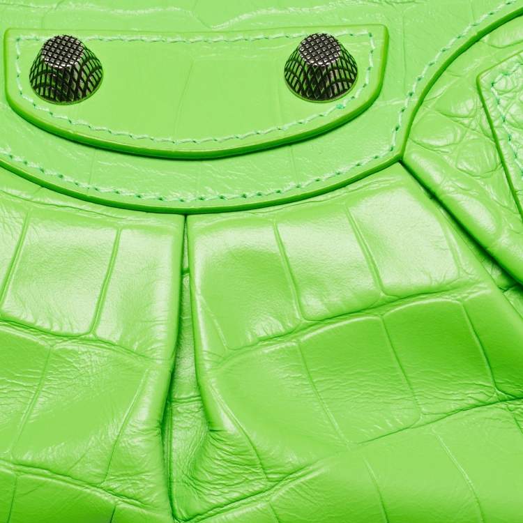 Pre Owned Balenciaga Le Cagole XS Green Croc Embossed Leather Shoulder Bag
