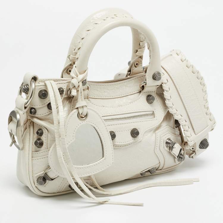 Pre Owned Balenciaga Neo Cagole City XS Off White Crackled Leather Bag