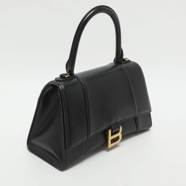 Pre Owned Balenciaga Hourglass Small Black Leather Top Handle Bag