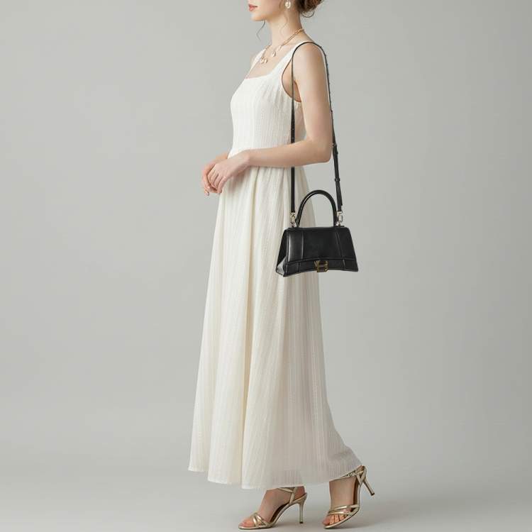 Pre Owned Balenciaga Hourglass Small Black Leather Top Handle Bag