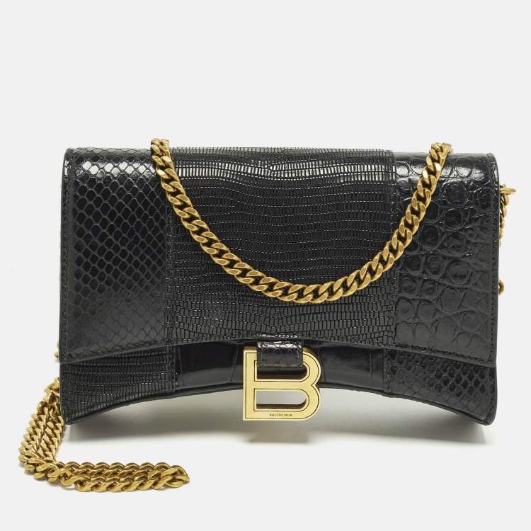 Pre Owned Balenciaga Hourglass Black Croc, Lizard, Snakeskin Embossed Leather Wallet on Chain