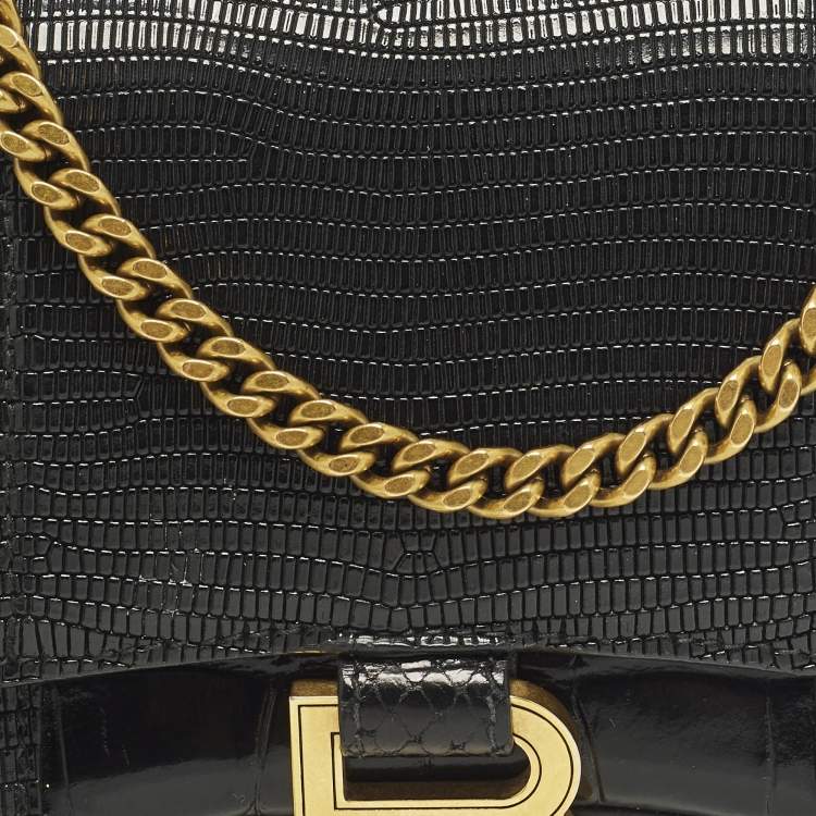 Pre Owned Balenciaga Hourglass Black Croc, Lizard, Snakeskin Embossed Leather Wallet on Chain