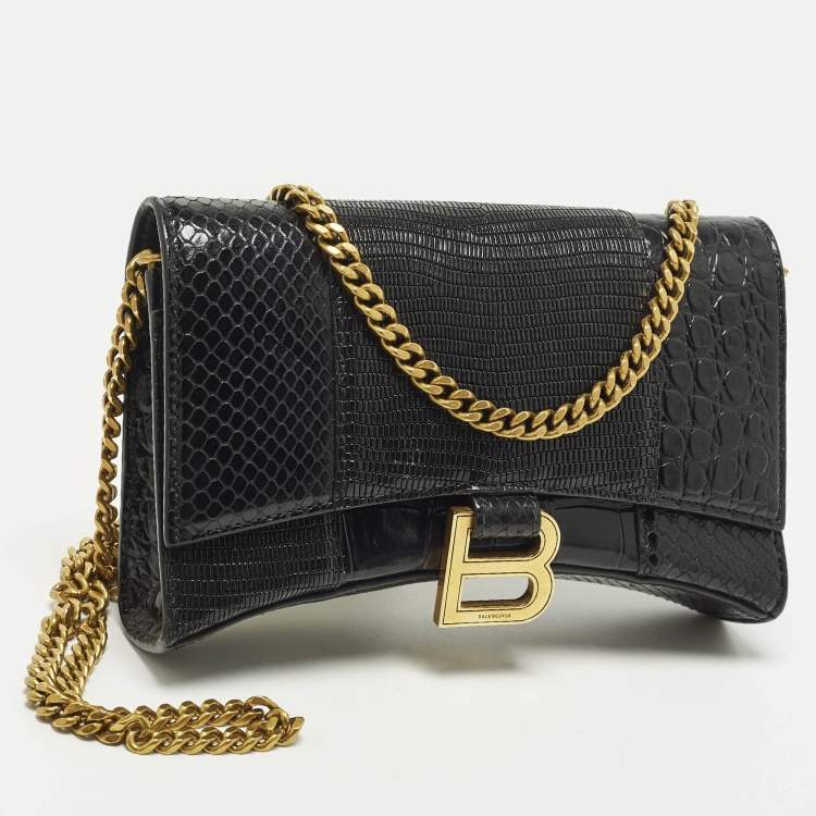 Pre Owned Balenciaga Hourglass Black Croc, Lizard, Snakeskin Embossed Leather Wallet on Chain