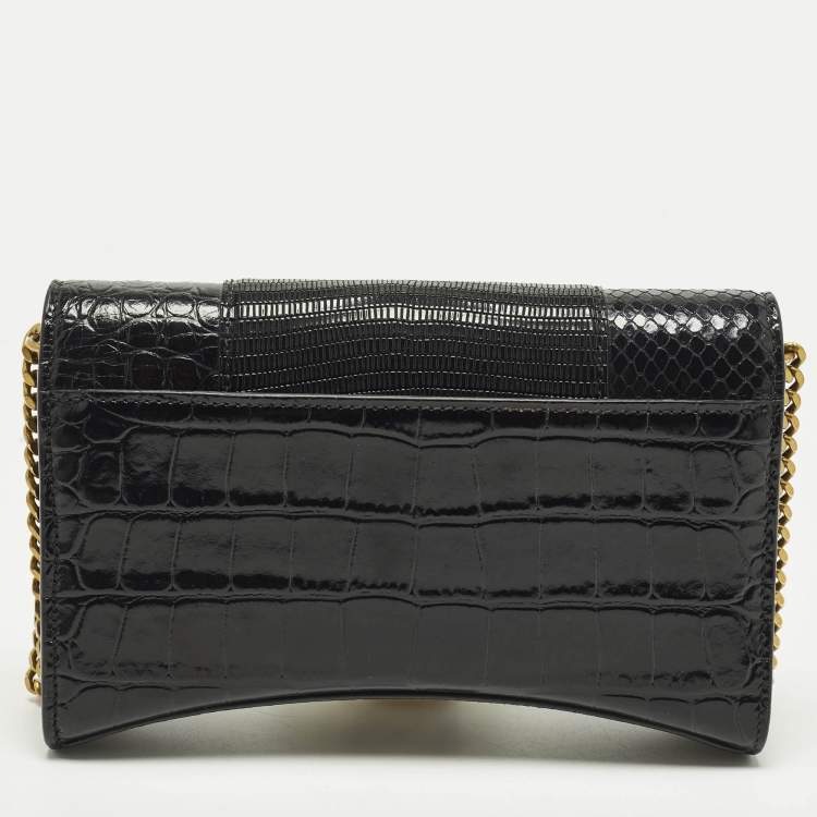 Pre Owned Balenciaga Hourglass Black Croc, Lizard, Snakeskin Embossed Leather Wallet on Chain