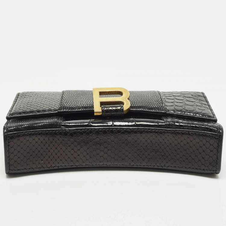 Pre Owned Balenciaga Hourglass Black Croc, Lizard, Snakeskin Embossed Leather Wallet on Chain