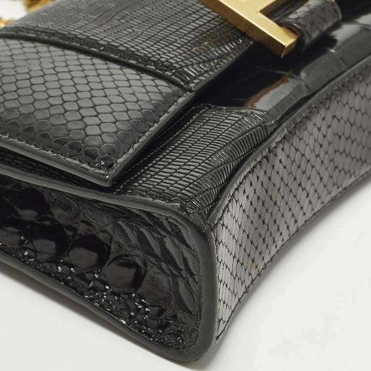 Pre Owned Balenciaga Hourglass Black Croc, Lizard, Snakeskin Embossed Leather Wallet on Chain
