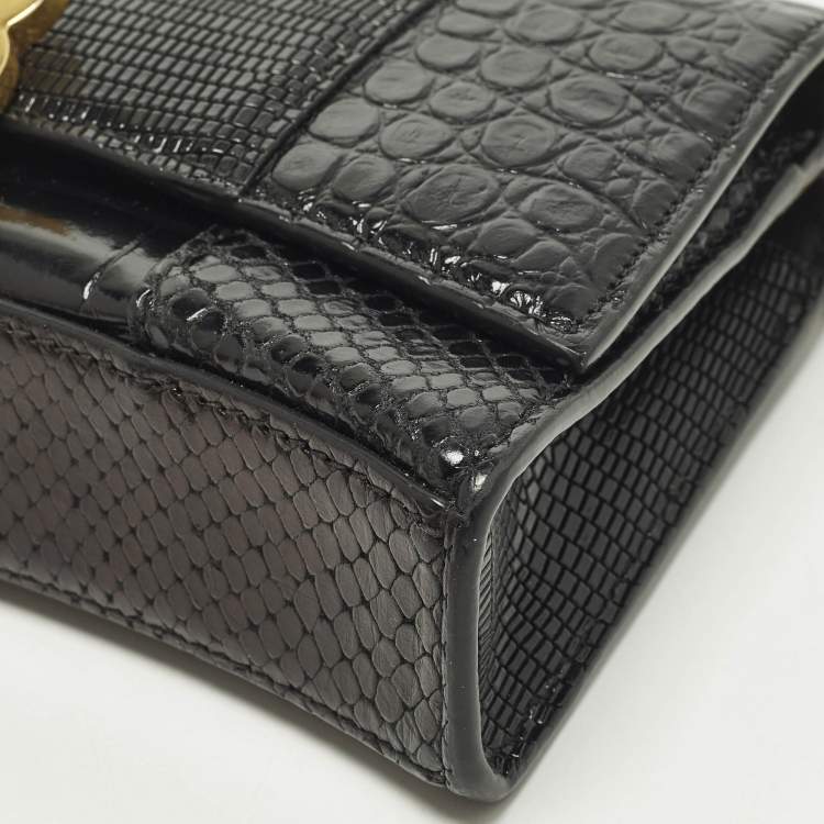 Pre Owned Balenciaga Hourglass Black Croc, Lizard, Snakeskin Embossed Leather Wallet on Chain