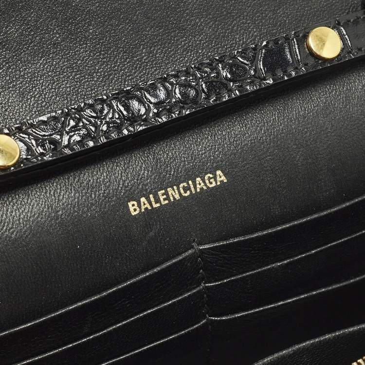 Pre Owned Balenciaga Hourglass Black Croc, Lizard, Snakeskin Embossed Leather Wallet on Chain