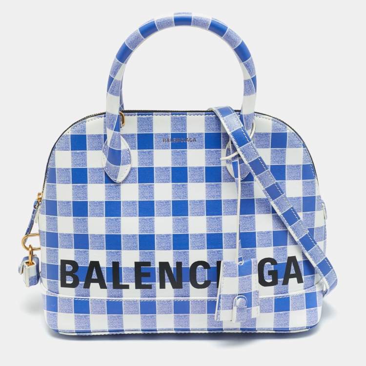 Pre Owned Balenciaga Ville Small Blue/White Checkered Leather Satchel