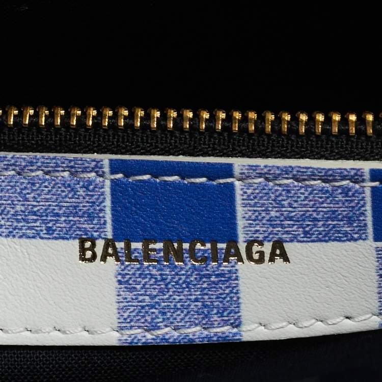 Pre Owned Balenciaga Ville Small Blue/White Checkered Leather Satchel