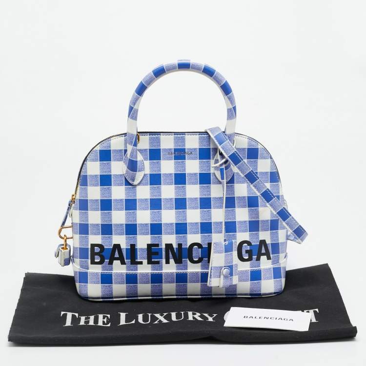 Pre Owned Balenciaga Ville Small Blue/White Checkered Leather Satchel