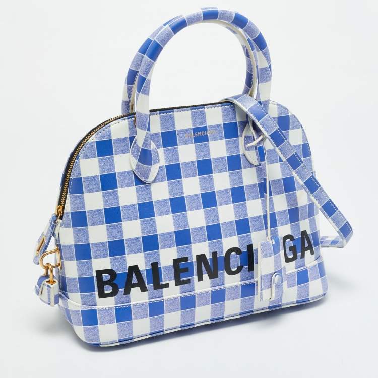 Pre Owned Balenciaga Ville Small Blue/White Checkered Leather Satchel