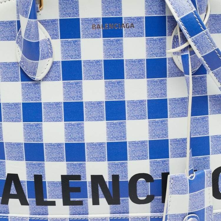 Pre Owned Balenciaga Ville Small Blue/White Checkered Leather Satchel