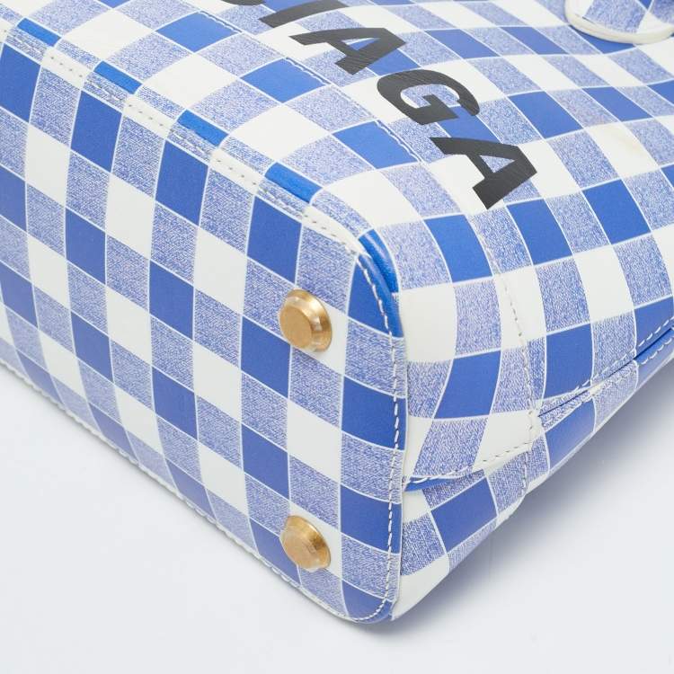 Pre Owned Balenciaga Ville Small Blue/White Checkered Leather Satchel