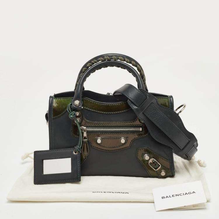 Pre Owned Balenciaga Classic Mini City Dark Green Leather and Patent Leather Bag