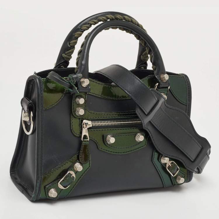 Pre Owned Balenciaga Classic Mini City Dark Green Leather and Patent Leather Bag